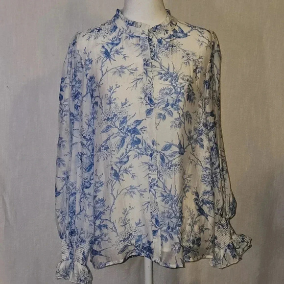 Fate Elegance In Bloom Blue Floral Bohochic Ruffle Neck Long Sleeve Blouse SZ M - Picture 2 of 13